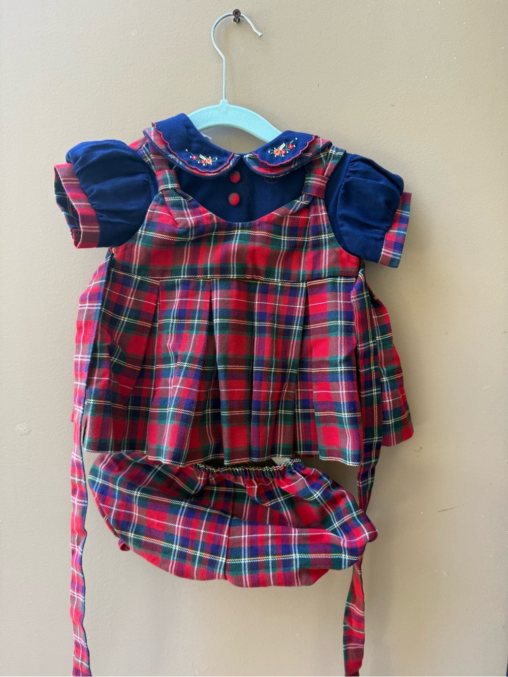 Vintage 90s Red Plaid Dress with Navy Collar and Bloomers